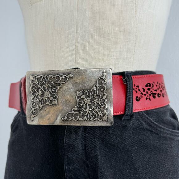 Guido Angeloni Red Leather Belt Statement Buckle Made in Italy Medium - Picture 1 of 10